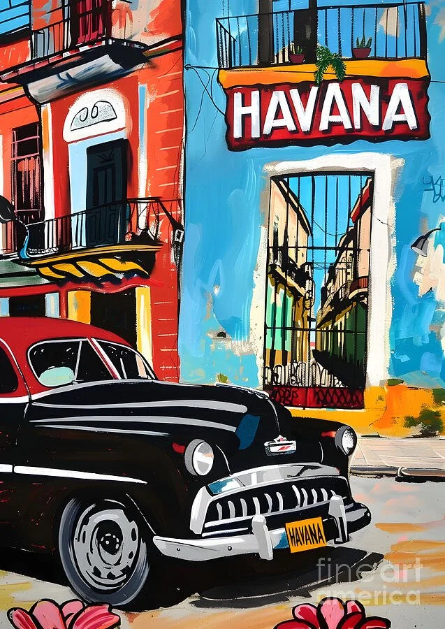Drive Through Havana Vibes- Classic Car and Colorful Streets Bathed in Nostalgic Sunshine