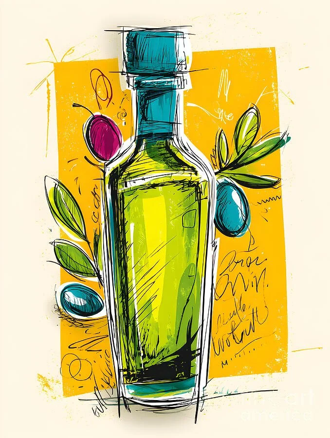 Artistic Olive Oil Bottle with Colorful Olives and Leaves - Bold Yellow Kitchen Art for Foodies