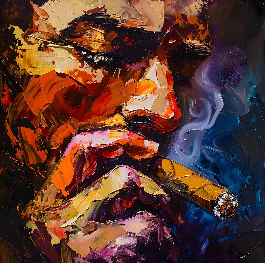 Baroque Elegance- A Minimalistic Palette Knife Symphony of Luxe Puffs and Cigar Reverie, Man Smoking