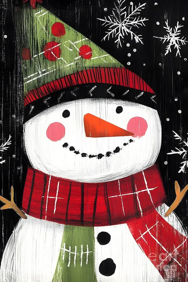 Festive Snowman in Red and Green Plaid Scarf with Snowflakes