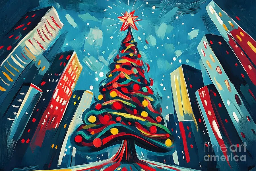 Urban Christmas Star - Vibrant Tree and Snowy Skyline Under a Starry Night