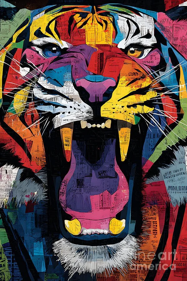 Energetic Tiger Burst - Vibrant Geometric Wildlife Portrait with Abstract Colors