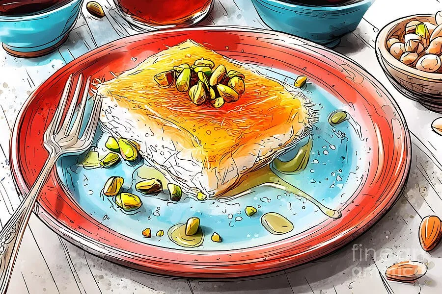 Enjoy Pistachio-Topped Kunafa on a Colorful, Decoratively Plated Dessert
