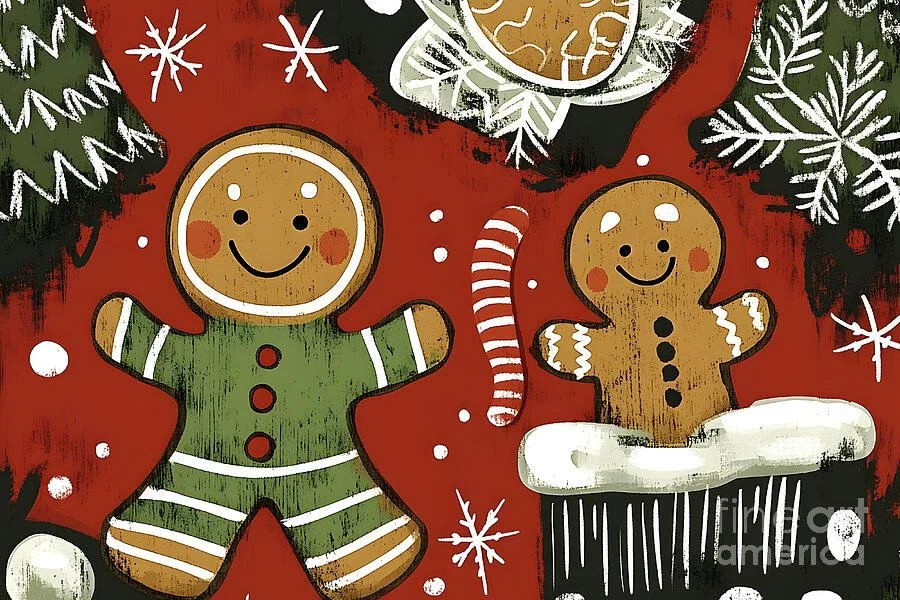 Cheerful Gingerbread Cookies Surrounded by Festive Snowflakes