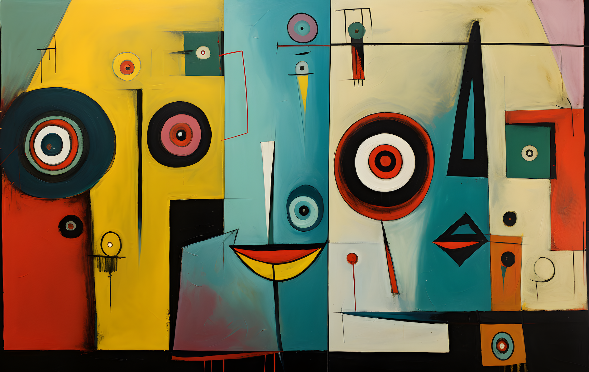 Striking Abstract Faces Composed of Geometric Shapes with Bold Colors and Contrasting Symmetry