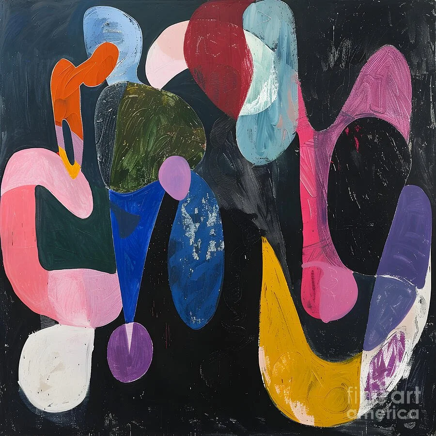 Dynamic Swirling Abstract Shapes in Vibrant Colors on Dark Backdrop Geometric Modern Art