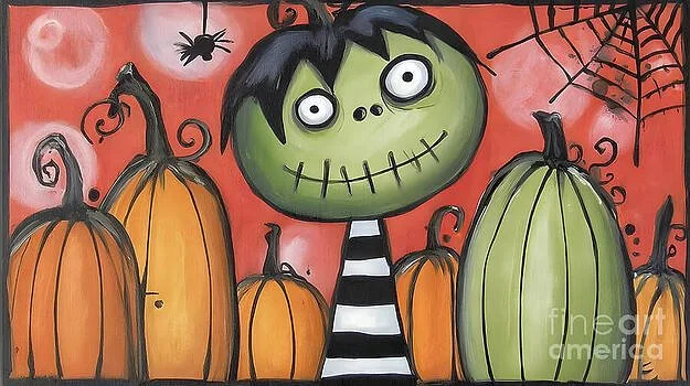 Striped Pumpkin Head Zombie Stands Among Pumpkins with Spider Web Halloween Charm
