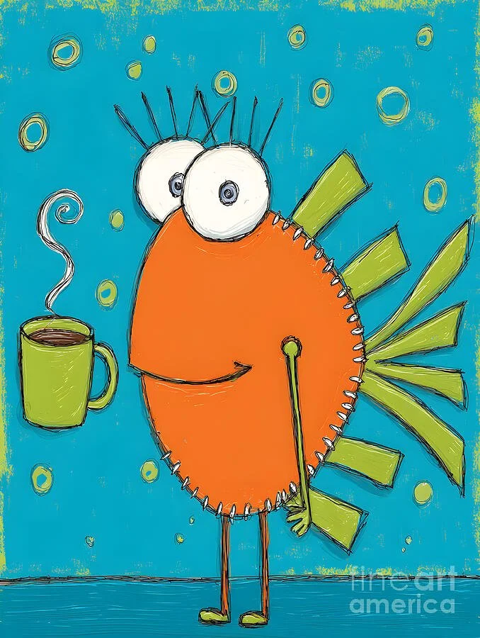Orange Fish Juggling Life and Coffee While Standing Tall with Oversized Eyes and Bubbles
