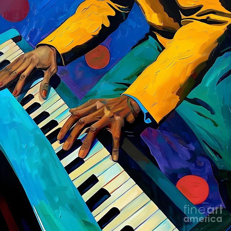 Person in Yellow Jacket Playing Piano - Dynamic Finger Movement with Vibrant Blues and Reds