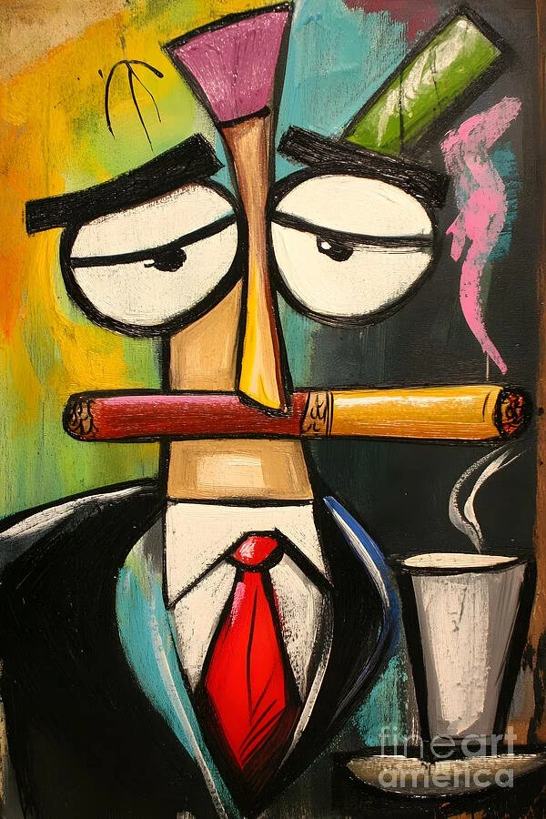 Stylized Character Holding a Cigar with Steam Rising from a Coffee Cup