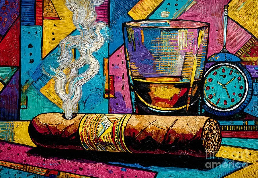 Ignite Time and Flavor - A Vibrant Surreal Celebration of Whiskey Cigar and Colorful Energy