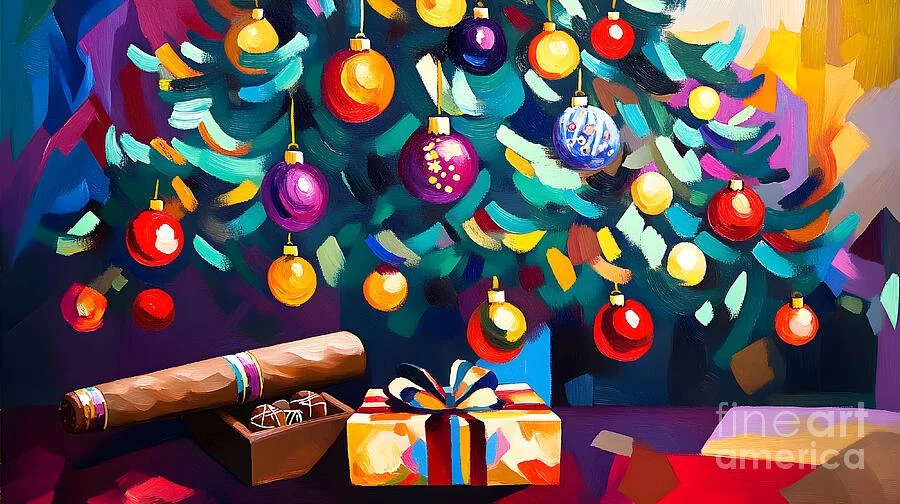 Vibrant Christmas Tree with Ornaments - Cigar and Wrapped Gifts Complete Festive Celebration