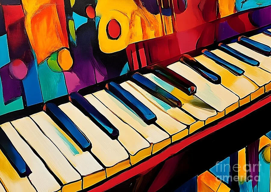 Vibrant Abstract Depiction of Piano Keys with Dynamic Geometric Background