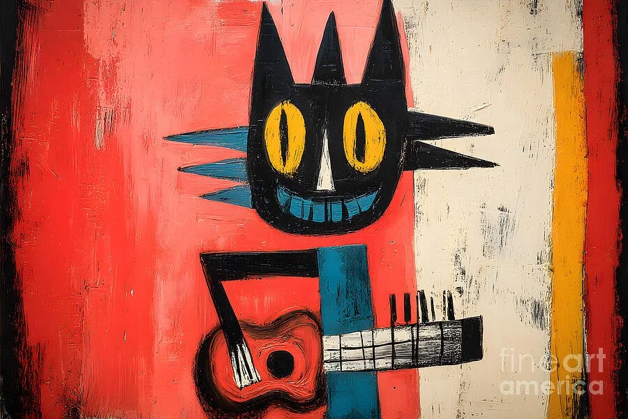 Strum with Whimsy - A Vibrant Abstract Celebration of Cat Guitar Playfulness and Energy