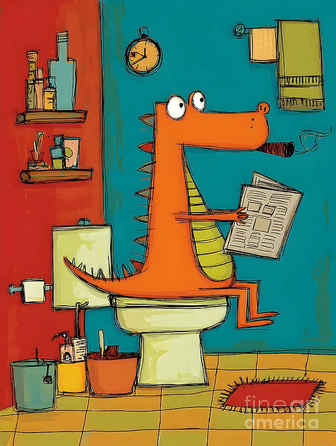 Croco-Commode Chronicles- Cartoon Crocodile Caught Reading the Morning News in Style