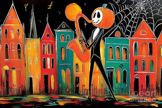 Pumpkin-Head Saxophone Player on a Vibrant Halloween Hall Street with Spider Webs