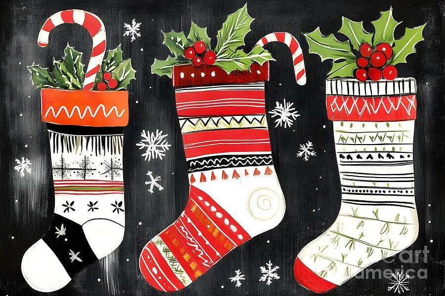 Brightly Patterned Christmas Stockings with Candy Canes and Snowflakes