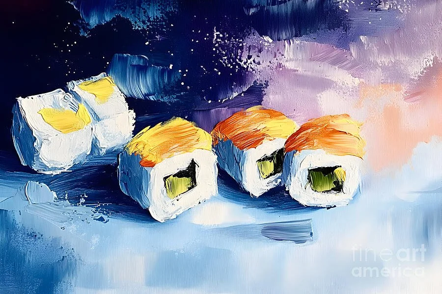 Vibrant Sushi Rolls with Swirling Blues and Purples Abstract Japanese Food