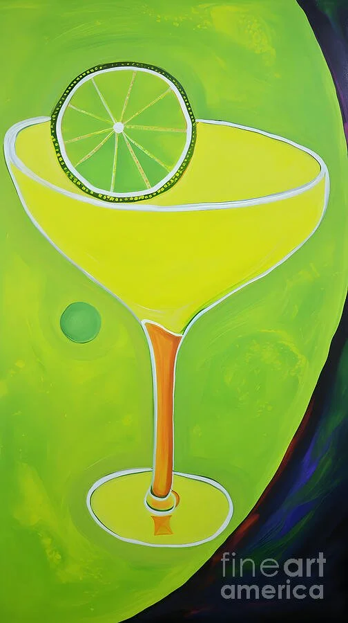 Cocktail Glass with Bright Yellow Drink and Lime Slice on Vibrant Background Abstract Modern Art