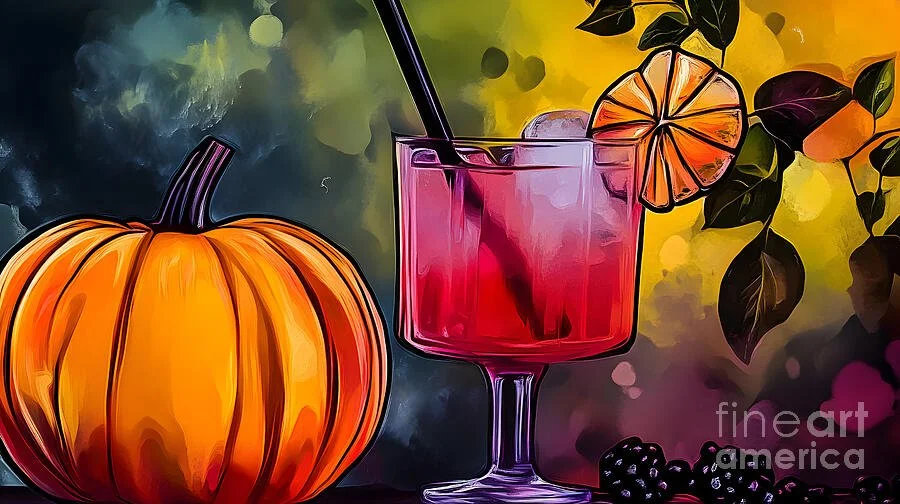 Brightly Colored Cocktail with Citrus Slice Next to Large Orange Pumpkin for Festive Autumn Theme