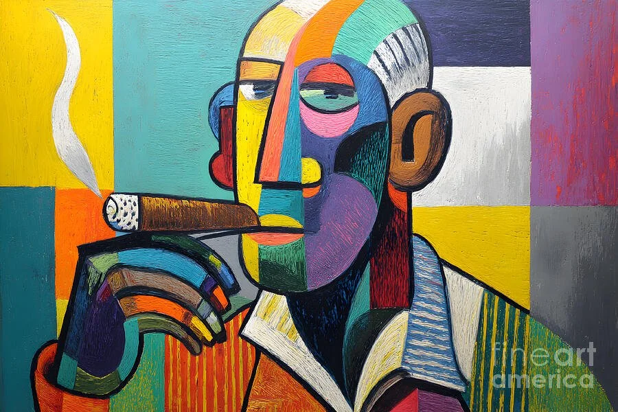 Multicolored Geometric Cigar Portrait - Bold Abstract Art with Vibrant Blocks and Sharp Angles