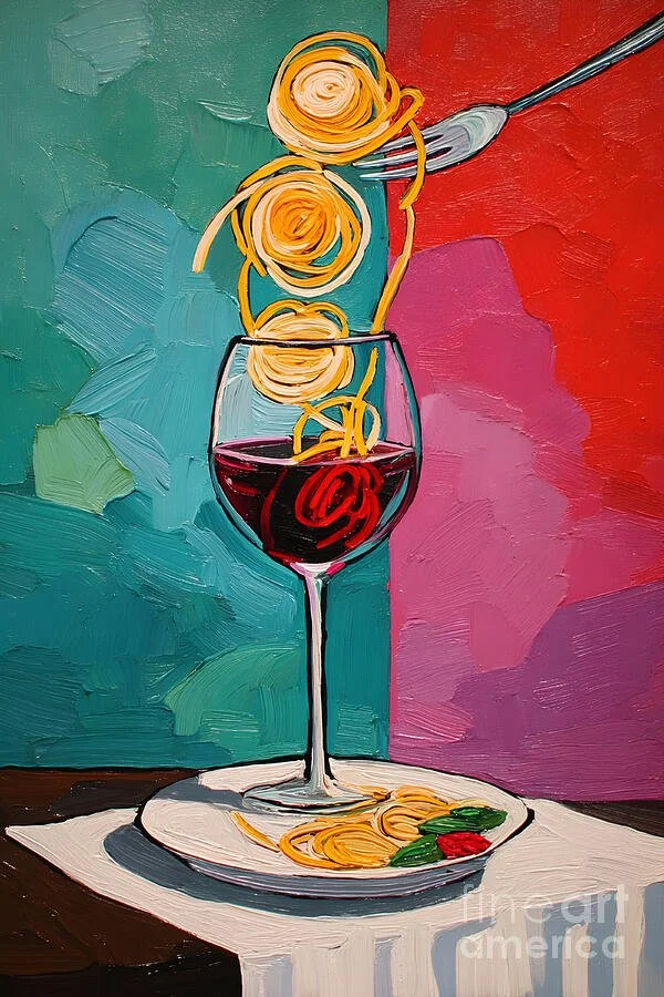 A Whimsical Dance of Flavor Fork Twirling Pasta Above a Glass of Red Wine in Vibrant Color
