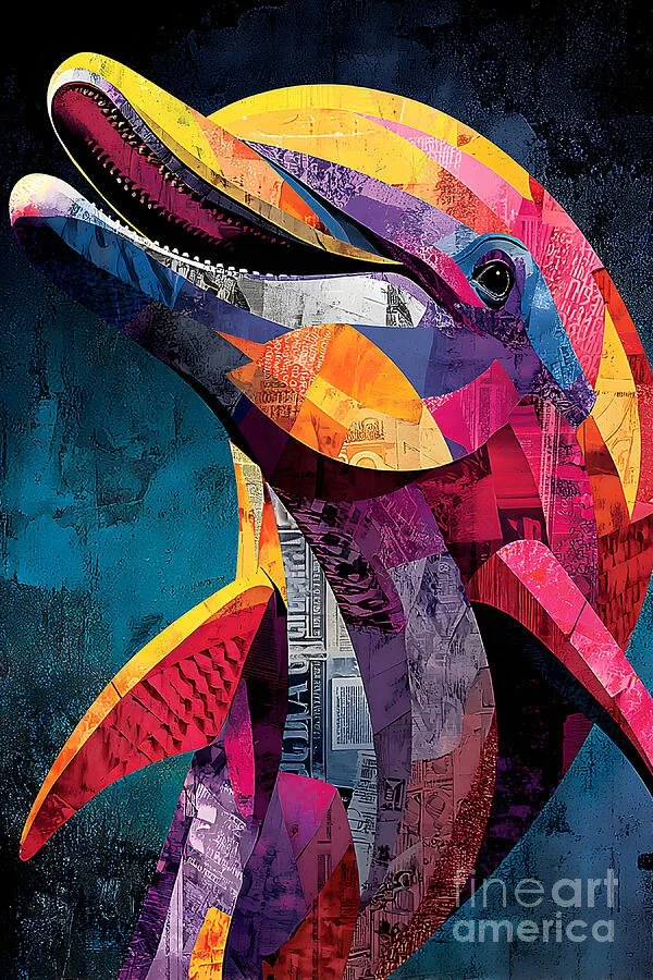 Guardians of the Ocean - Vibrant Geometric Dolphin with Bold Colors and Dark Background