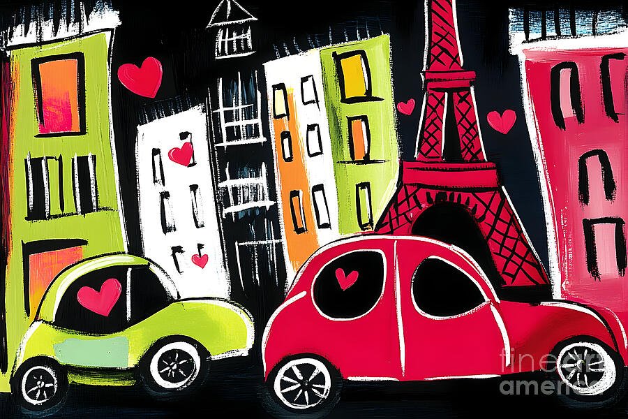 Paris Valentine Whimsical Cityscape - Eiffel Tower, Love Cars and Charming Cityscape