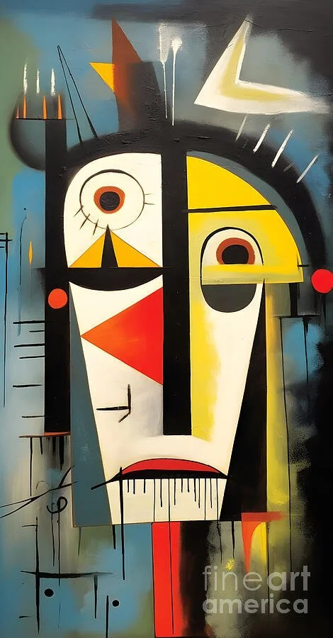 Dynamic Abstract Face with Bold Geometric Shapes and Vivid Yellow Red Black and Blue Contrasts