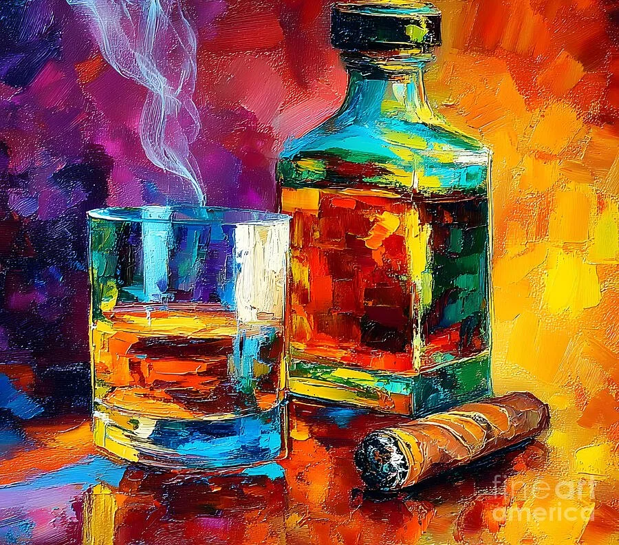 Pour the Refreshment - Ice and Amber Whiskey Dance in Bold, Dynamic Hues