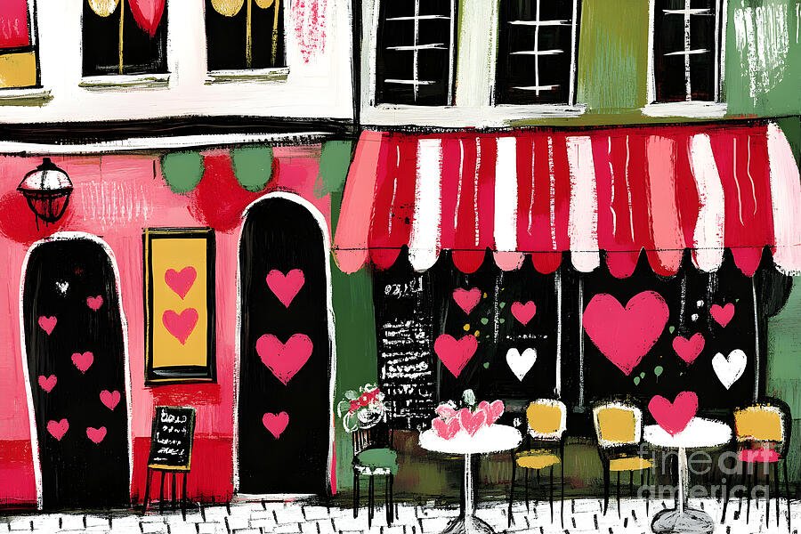 Celebrate Valentine Day Love- Cozy Cafe with Heart Decorations in a Romantic Street