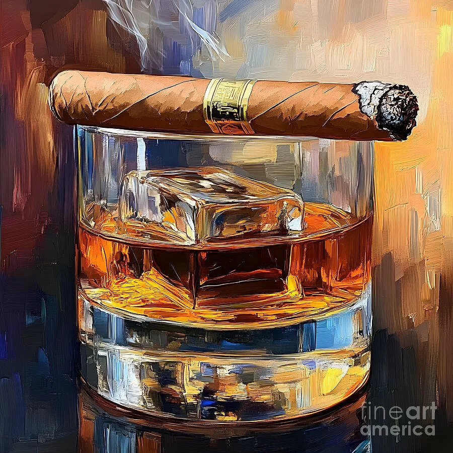 Glass of Whiskey with Large Ice Cube Topped by Smoldering Cigar in Cozy Luxurious Atmosphere