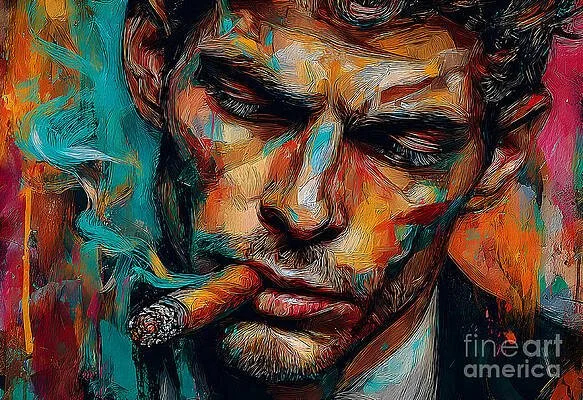 Embrace the Moment- Contemplative Man with Cigar in a Vivid Swirl of Color and Smoke