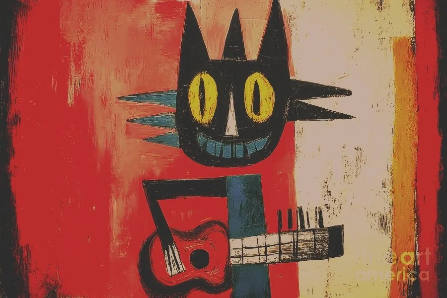 Strum with Whimsy - A Vibrant Abstract Celebration of Cat Guitar Playfulness and Energy
