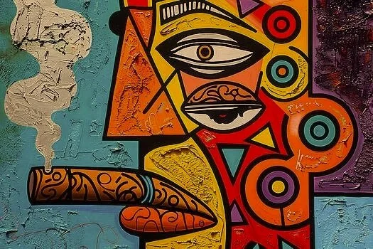 Colorful abstract street art of a face with one eye, big lips, wearing a hat, with smoke coming from a cigarette, against a textured wall background.