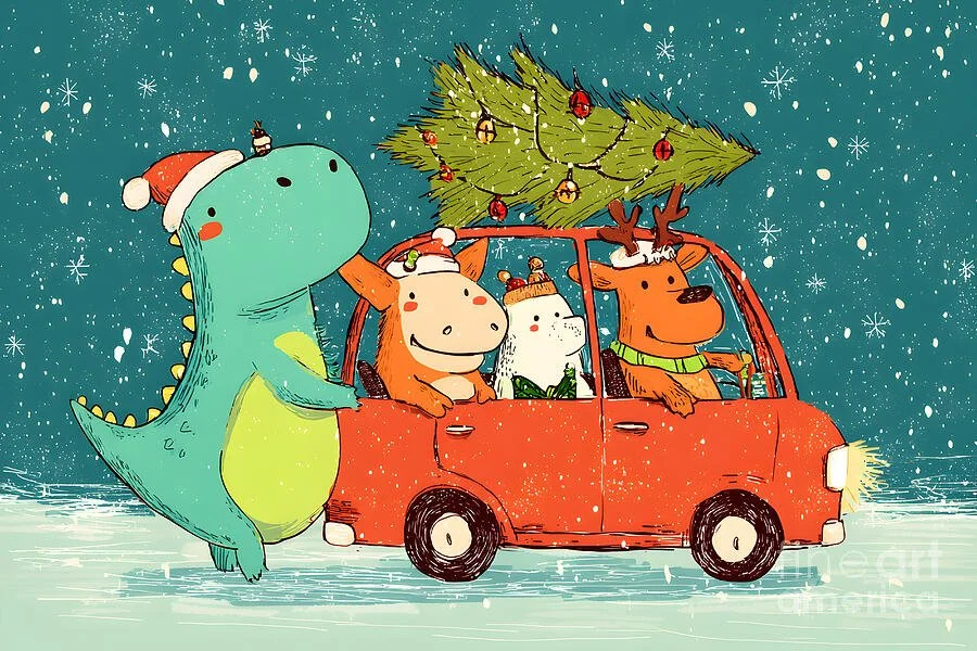 Dino Christmas Convoy- Dinosaur Pushing Car Full of Festive Animals
