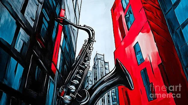 Giant Saxophone Spanning Between Towering Red and Blue Buildings - Surreal Urban Cityscape