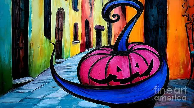 Whimsical Jack o Lantern in Vibrant Gothic Quarter Alleyway - Colorful Buildings and Stark Shadows