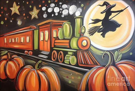 Pumpkin Express Train Races Under a Glowing Halloween Moon with Flying Witch