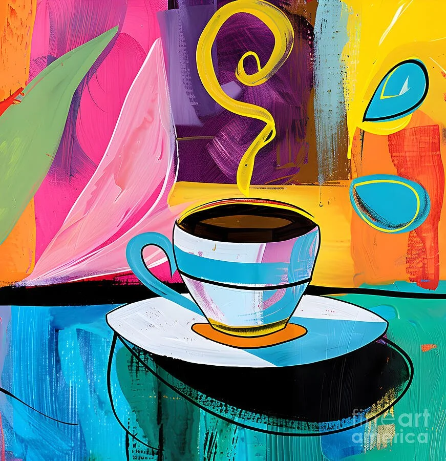 Steaming Coffee Cup with Abstract Colorful Background Generative AI