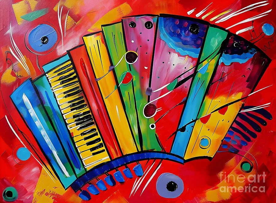 Accordion Symphony - Vibrant Abstract Composition with Dynamic Shapes and Playful Motifs