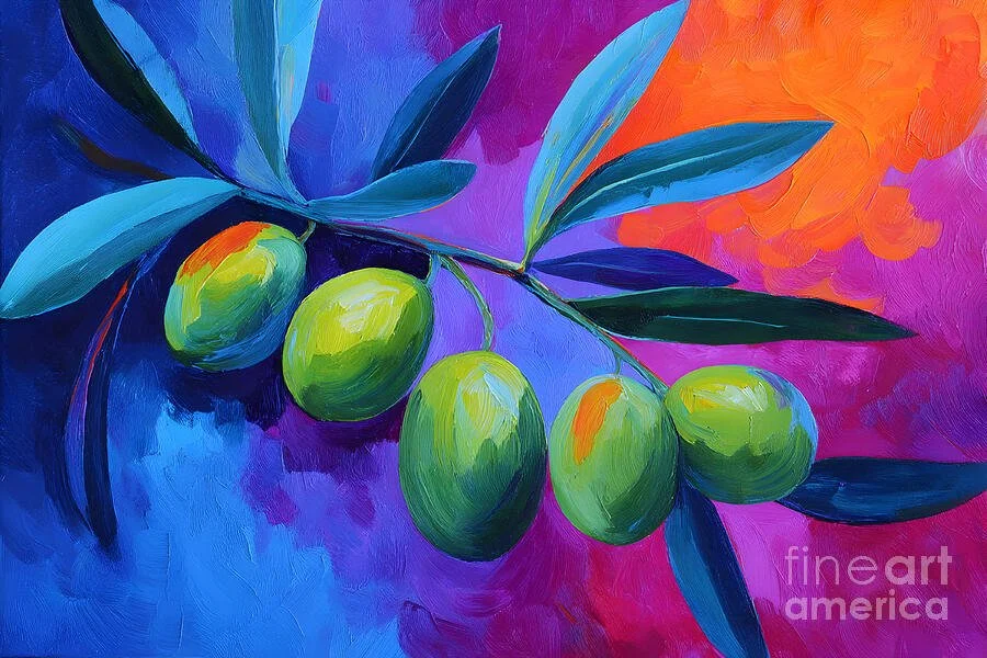 Lush Green Olive Branch - Vibrant Olives and Leaves with Bold Blue and Orange Abstract Background