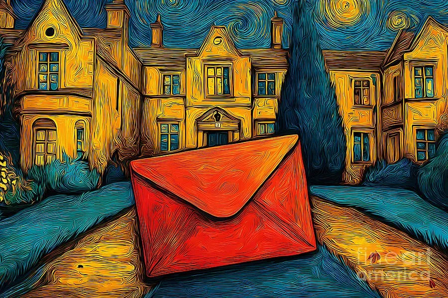 Valentine's Envelope Beneath Swirling Blue and Gold Skies at the Cotswolds