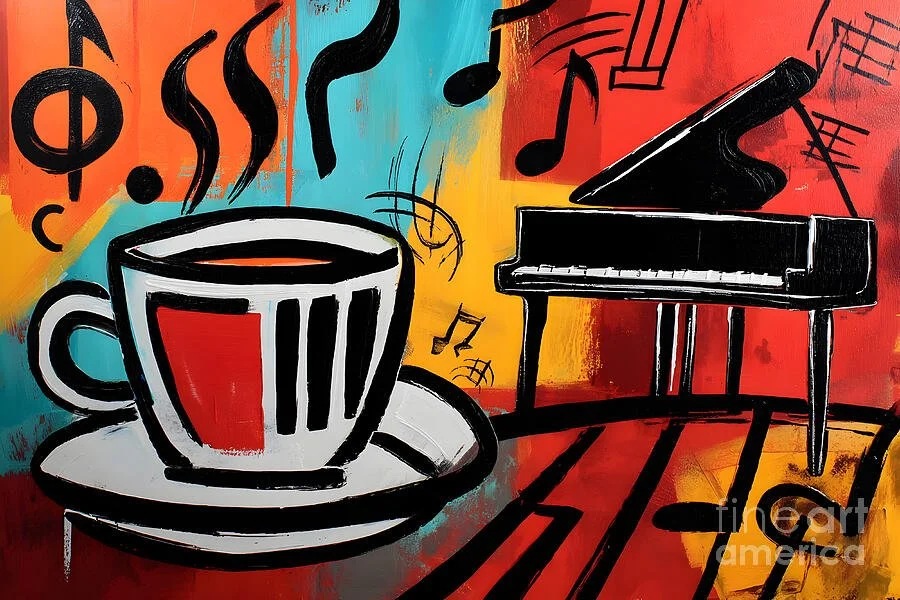 Steaming Coffee Cup Beside Grand Piano with Floating Musical Notes- Vibrant Abstract Fusion of Music
