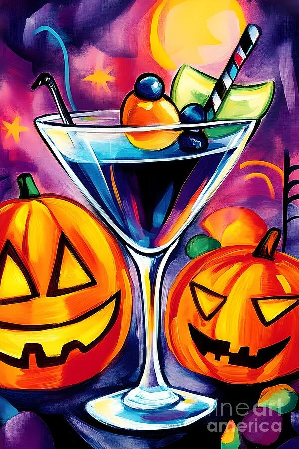 Festive Halloween Art with Cocktail Glass and Striped Straw - Glowing Colorful Jack o Lanterns