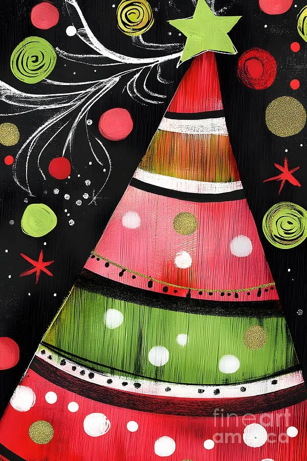 Whimsical Christmas Tree with Bold Bands and Polka Dots