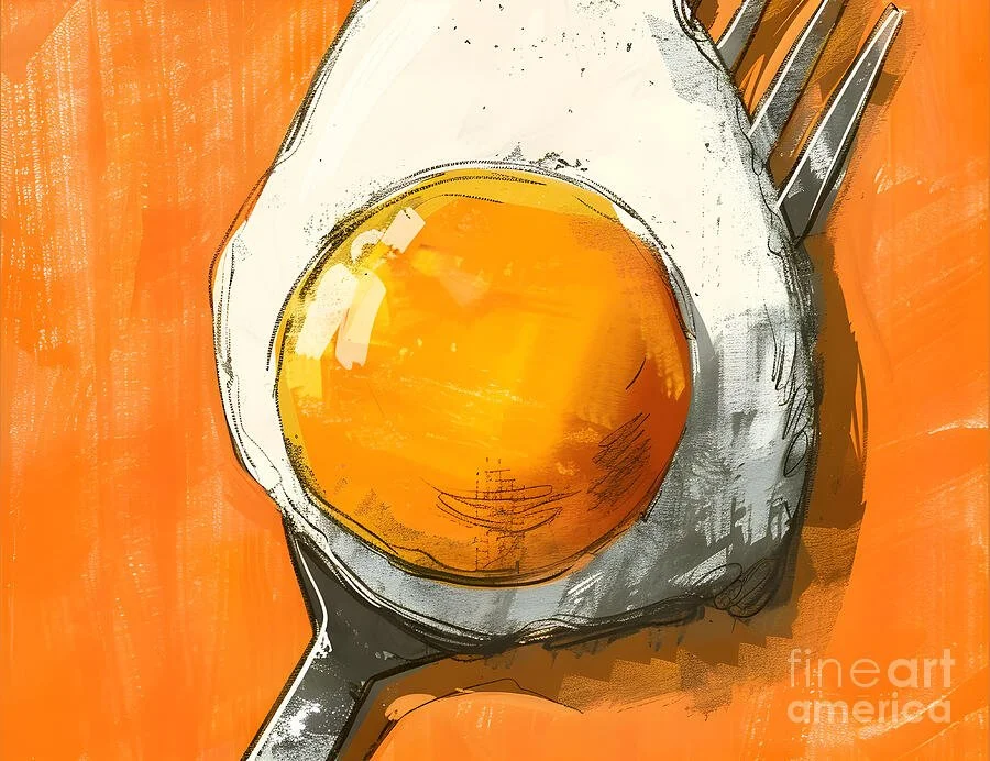 Sunny-Side-Up Egg on Fork with Bold Orange Backdrop- Colorful Striking Minimalist Abstract Food Art