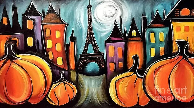 Celebrate Halloween in Paris with Whimsical Pumpkins Eiffel Tower and Colorful Night Sky