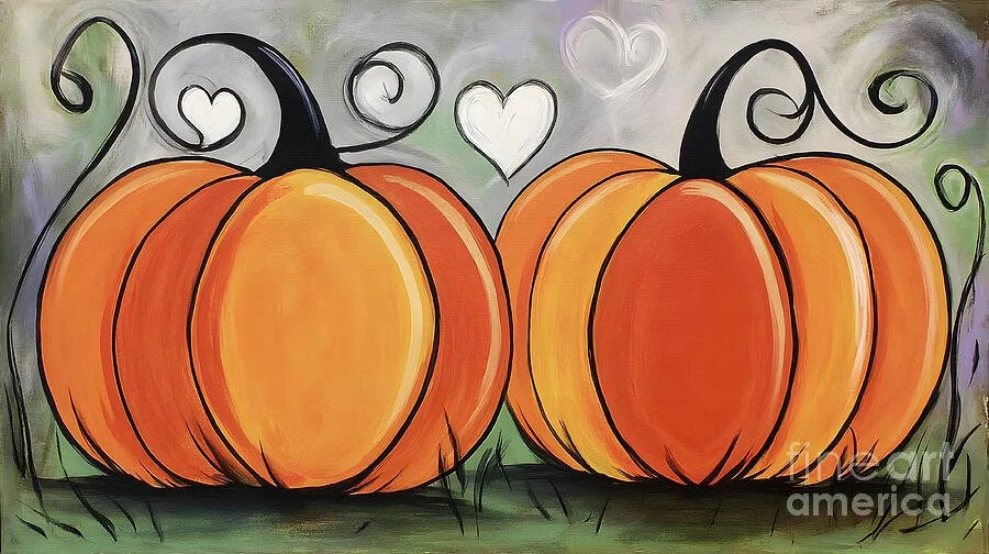 Pumpkin Whimsy and Autumn Joy- Vibrant Pumpkins with Floating Hearts and Playful Swirls