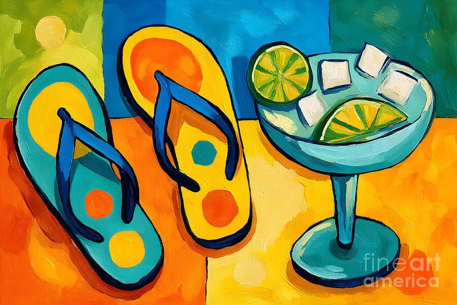 Summer Bliss with Bright Flip Flops and Citrus Cocktail in a Vivid Abstract Setting